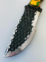 Custom Fixed-Blade Knife, Dragon-Scale Blade, Dyed Wood Handle, Leather Sheath, Mosaic Pin - 3