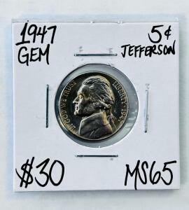 1947 Jefferson Nickel MS65 (Gem) Philadelphia 5&cent; Coin, Brilliant Uncirculated, Felix Schlag Design