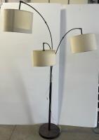 working Three-Arm Arc Floor Lamp with Adjustable Black Metal Arms and Off-White Fabric Shades, Black Swivel Rolling Office Chair with Backrest, 5 Casters, Adjustable Height, Chrome Base - 2