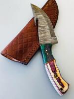 Custom Damascus Gut Hook Hunting Knife, 4.5" Blade, Multicolor Wood Handle, Leather Sheath