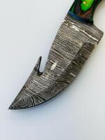 Custom Damascus Gut Hook Hunting Knife, 4.5" Blade, Multicolor Wood Handle, Leather Sheath - 2