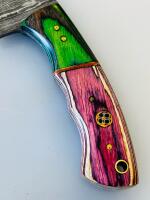 Custom Damascus Gut Hook Hunting Knife, 4.5" Blade, Multicolor Wood Handle, Leather Sheath - 3