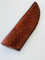 Custom Damascus Gut Hook Hunting Knife, 4.5" Blade, Multicolor Wood Handle, Leather Sheath - 4