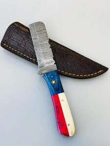 Custom Damascus Steel Cleaver Knife, Texas Flag Handle, Star Inlay, Leather Sheath