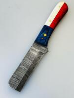 Custom Damascus Steel Cleaver Knife, Texas Flag Handle, Star Inlay, Leather Sheath - 2