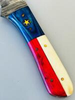 Custom Damascus Steel Cleaver Knife, Texas Flag Handle, Star Inlay, Leather Sheath - 4