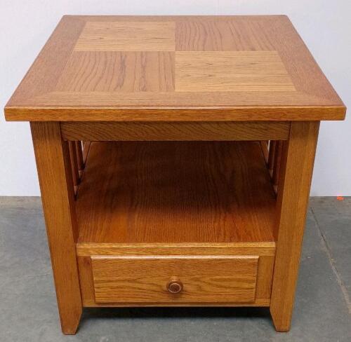 Mission Style Oak End Table With Drawer And Lower Shelf, 24" x 28" x 24"