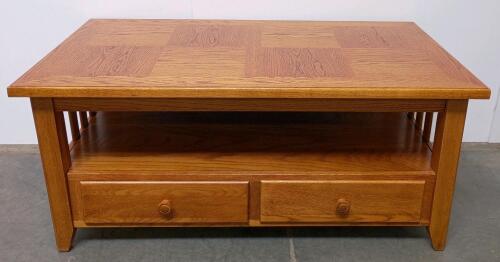 Mission Style Solid Oak Coffee Table With Two Drawers And Shelf, 48" x 24" x 19"