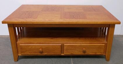 Mission Style Solid Oak Coffee Table With Two Drawers And Shelf, 48" x 24" x 19"