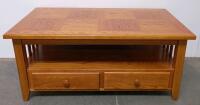 Mission Style Solid Oak Coffee Table With Two Drawers And Shelf, 48" x 24" x 19"
