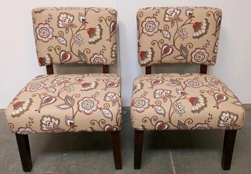 Pair Of Floral Pattern Armless Accent Chairs, Wooden Legs, Beige Upholstery, 32"x24"x30"