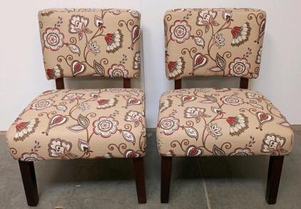 Pair Of Floral Pattern Armless Accent Chairs, Wooden Legs, Beige Upholstery, 32"x24"x30"