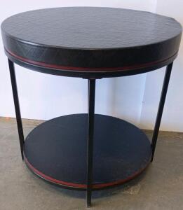 Round Two-Tier Side Table With Black Faux-Leather Top And Metal Legs 24"x24"x24"