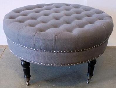 Grey Tufted Round Cocktail Ottoman, Nailhead Trim, Casters, Approx 36-40" Diameter, 18" Height