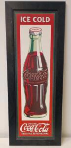 Framed Coca-Cola "Ice Cold" Bottle Print, 30"x12", Black Wood Frame, Wall Art Sign