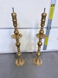 Pair of 38" Brass Nilavilakku Floor Oil Lamps, Traditional South Indian Design, 24 lbs Each