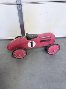Vintage-Style Red Metal Pedal Race Car with #1 Decals, Approx. 32.5" x 17" x 19"