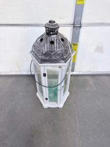 Distressed White Metal and Glass Lantern with Handle, Octagonal Shape, 16-20" Tall, Sea Glass Included