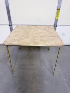 Vintage Folding Card Table, 34" Laminate Top, Metal Legs, Beige/Gold, Seats 4, Portable