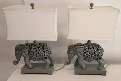 Pair Of Elephant Base Table Lamps With Fabric Shades, Approx. 20" Tall