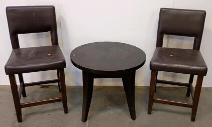 Counter-Height Bistro Set With 2 Brown Faux Leather Stools And 30" Round Wood Table