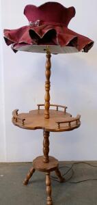Vintage Floor Lamp With Integrated Table, Mid-20th Century, Wood Construction, Fabric Lampshade