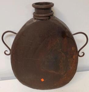 Antique Oval Metal Canteen, Twin Iron Handles, Wide Neck, 19th-20th Century, 18"x13"