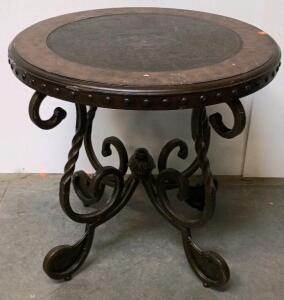 Ornate Round Side Table, Embossed Top, Twisted Metal Base, Nailhead Trim, Dark Brown Finish