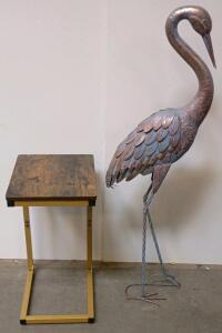 Large 45"Metal Crane Bird Garden Statue, Bronze Patina, Handcrafted Outdoor Decor & TV Tray 29"