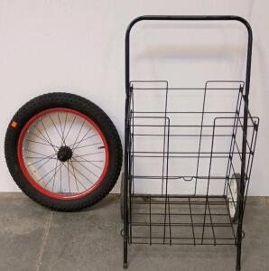 Folding Wire Utility Cart, Black Steel Frame, 2 Wheels, 18"x14"x23" Basket, 100 lb Capacity & Single Bike Tire (see pictures for size)