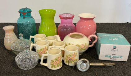 Stone Coasters, Floral Tea Set, Glass Vases, Candy Dishes, & A Vintage Hand Operated Egg Beater