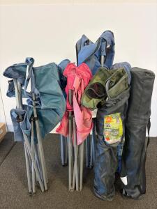 Set of Assorted Folding Camp Chairs with Cup Holders, Steel Frame, Carry Bags, Multiple Colors