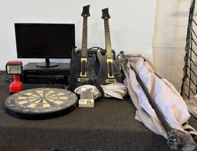 (tested works) Sony STR-DG510 AV Receiver, ASUS Monitor, Fender Amp, Game Guitars, Dart Board, Accessories Lot