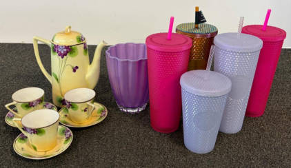 Hand-Painted Vintage Porcelain Tea Set &ndash; Yellow & Purple Floral, Gold Trim, 5 Starbucks Tumblers