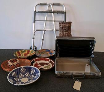 Large Handwoven Natural Wicker Basket, Tall Urn Or Fish Trap Style, 16" Diameter x 26" Height, And A Folding Walker