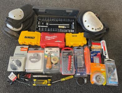Milwaukee and Dewalt hard case for screw bits and full socket set with other tool accessories