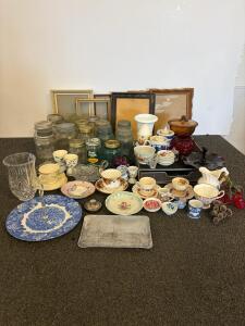 Mixed Vintage Lot: Mason Jars, Floral Teacups, Pressed Glass, Frames, Decor &ndash; 40+ Pieces