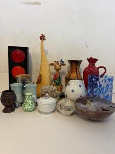Assorted Decorative Vases, Figurines, Glass Jar, Novelty Traffic Light, Tabletop Collectibles Lot
