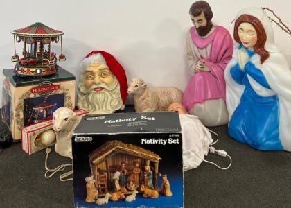 Sears 11-Piece Illuminated Blow Mold Nativity Set With Original Box, Mr. Christmas Holiday Fair Collectibles Christmas Carousel & More