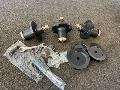 3 Lawn Mower Deck Spindle Assemblies with Pulleys, Hardware, Tools - Universal Fit