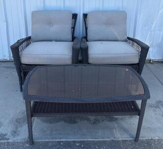 Outdoor Wicker Patio Set with 2 Armchairs and Glass Coffee Table, Cushions Included, Brown/Beige