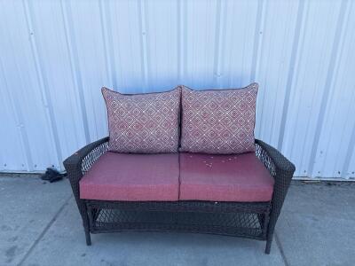 Outdoor Wicker Loveseat with Cushions, Dark Brown Frame, Maroon Cushions, Storage Shelf