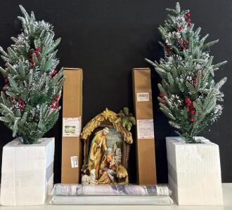 Home Arts And Decor Lot including (2) Tiger Diamond Art Set, (2) Christmas Trees, (2) Wallpapers 127&rdquo;x96&rdquo; And (1) Nativity Decor