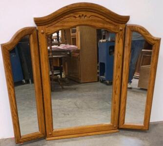 Vintage Tri-Fold Oak Dresser Mirror With Carved Top Rail, 52.5" W x 46" H