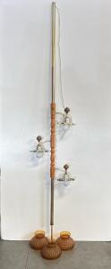 Vintage 3-Head Amber Glass Hobnail Tension Pole Lamp, Brass and Wood Accents, 8 ft Tall