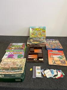 Vintage Board Game & Puzzle Lot: MB, Yahtzee, Barney, Backgammon, Skittle, 1000pc Puzzles