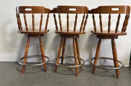 Set of 3 Wooden Swivel Bar Stools with Spindle Backs and Metal Footrests