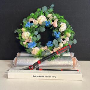 Home Lot: Easter Wreath, (2) Food Warming Mats, Retractable Power Strip And Extendable Hedge Shears, 9" High Carbon Steel Blade, Telescoping Handles, Black/Red