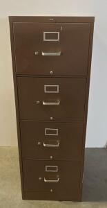 4-Drawer Vertical Brown Steel Filing Cabinet, Letter Size, Key Lock, Label Holders, 52"x18"x26.5"