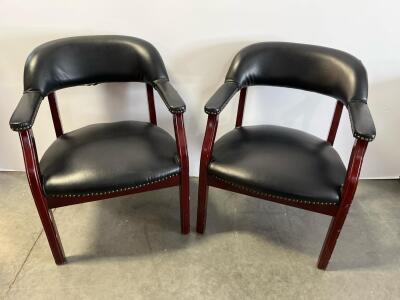 Pair Mahogany Wood Frame Guest Chairs, Black Vinyl, Nailhead Trim, 24"x26"x31", Padded Arms